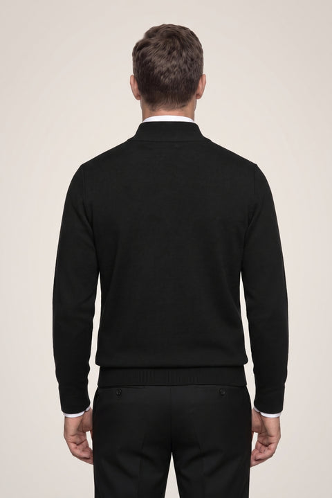 Black Half Turtleneck Regular Fit Patterned Zip-Up Knit Sweater
