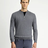 Medium Grey Melange Half Turtleneck Regular Fit Patterned Zip-Up Knit Sweater