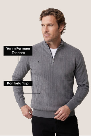  Orta Gri Melanj Yarım Balıkçı Yaka Regular Fit Desenli Fermuarlı Triko Kazak