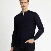 Dark Navy Semi-Turtleneck Regular Fit Patterned Zip-Up Knit Sweater