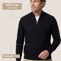 Dark Navy Semi-Turtleneck Regular Fit Patterned Zip-Up Knit Sweater