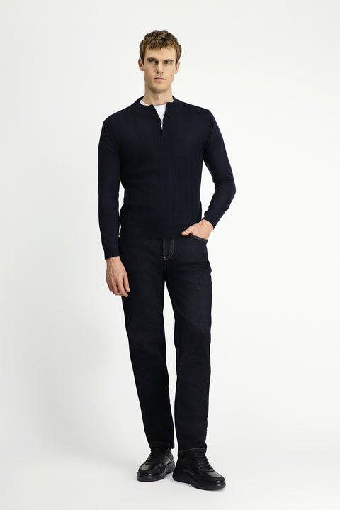 Dark Navy Semi-Turtleneck Regular Fit Patterned Zip-Up Knit Sweater