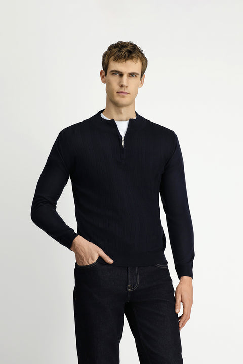 Dark Navy Semi-Turtleneck Regular Fit Patterned Zip-Up Knit Sweater