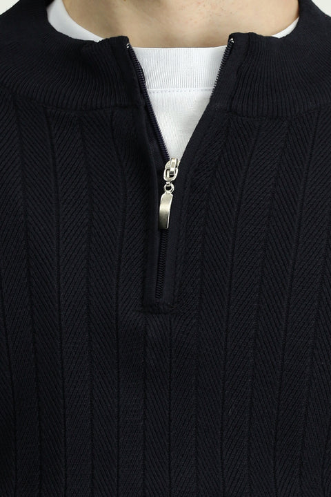 Dark Navy Semi-Turtleneck Regular Fit Patterned Zip-Up Knit Sweater