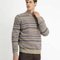 Medium Beige Crew Neck Regular Fit Patterned Wool Knit Sweater