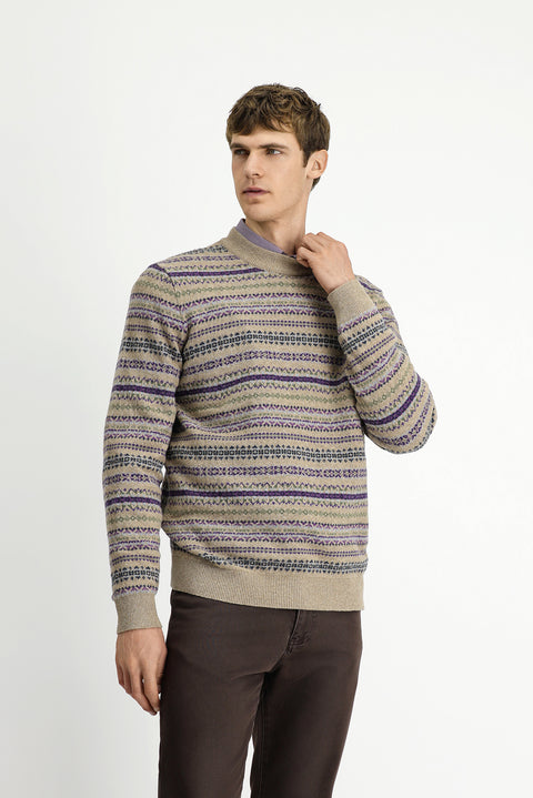 Medium Beige Crew Neck Regular Fit Patterned Wool Knit Sweater