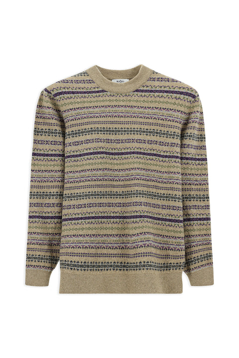Medium Beige Crew Neck Regular Fit Patterned Wool Knit Sweater