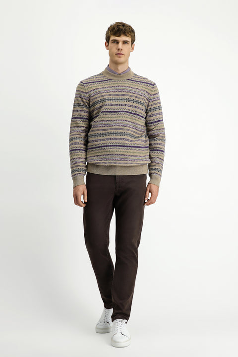 Medium Beige Crew Neck Regular Fit Patterned Wool Knit Sweater