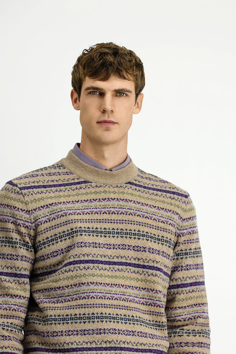 Medium Beige Crew Neck Regular Fit Patterned Wool Knit Sweater