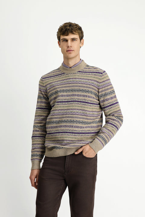 Medium Beige Crew Neck Regular Fit Patterned Wool Knit Sweater
