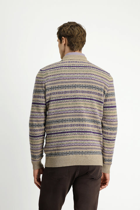 Medium Beige Crew Neck Regular Fit Patterned Wool Knit Sweater