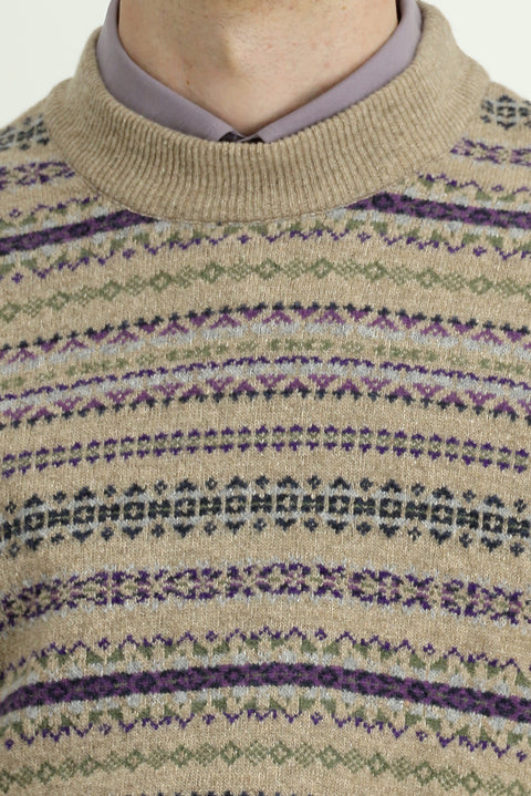Medium Beige Crew Neck Regular Fit Patterned Wool Knit Sweater