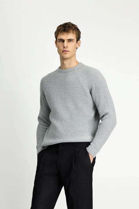 Light Grey Melange Crew Neck Regular Fit Wool Knit Sweater