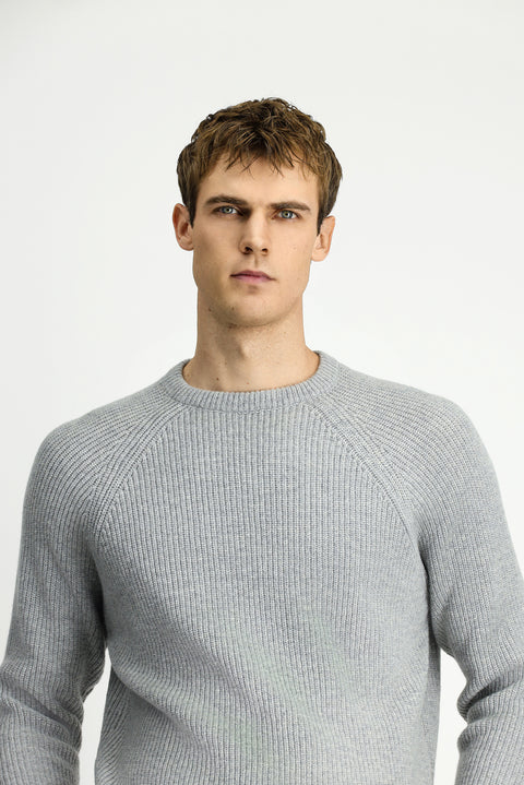 Light Grey Melange Crew Neck Regular Fit Wool Knit Sweater