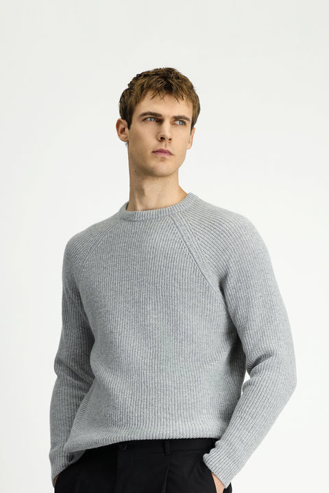 Light Grey Melange Crew Neck Regular Fit Wool Knit Sweater