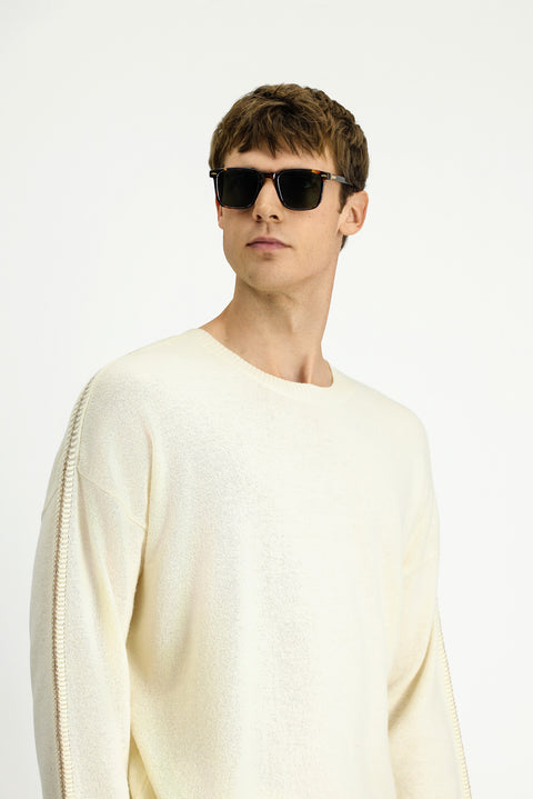 Off-white crew neck oversized extra relaxed fit wool knit sweater.