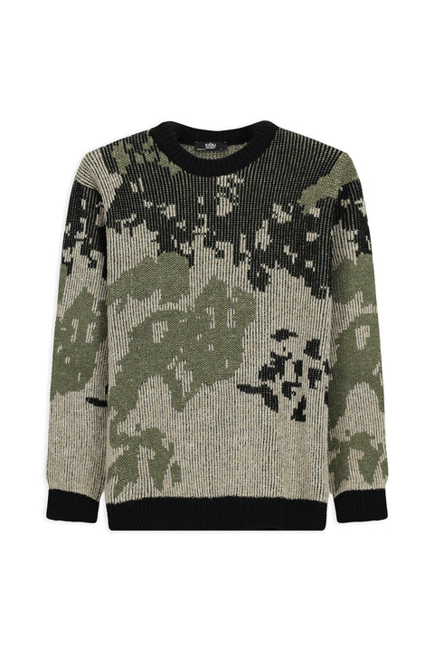 Light Khaki Crew Neck Oversize Extra Relaxed Fit Patterned Wool Knit Sweater