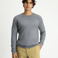 Medium Grey Melange Crew Neck Regular Fit Patterned Wool Knit Sweater
