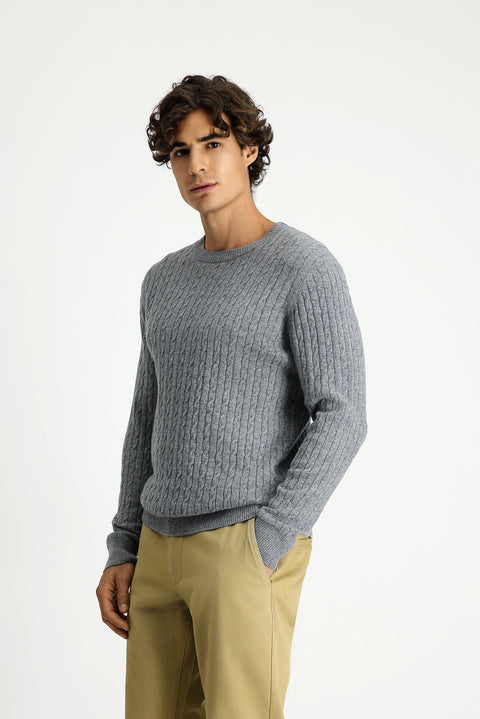 Medium Grey Melange Crew Neck Regular Fit Patterned Wool Knit Sweater