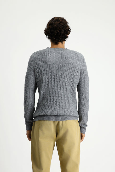 Medium Grey Melange Crew Neck Regular Fit Patterned Wool Knit Sweater