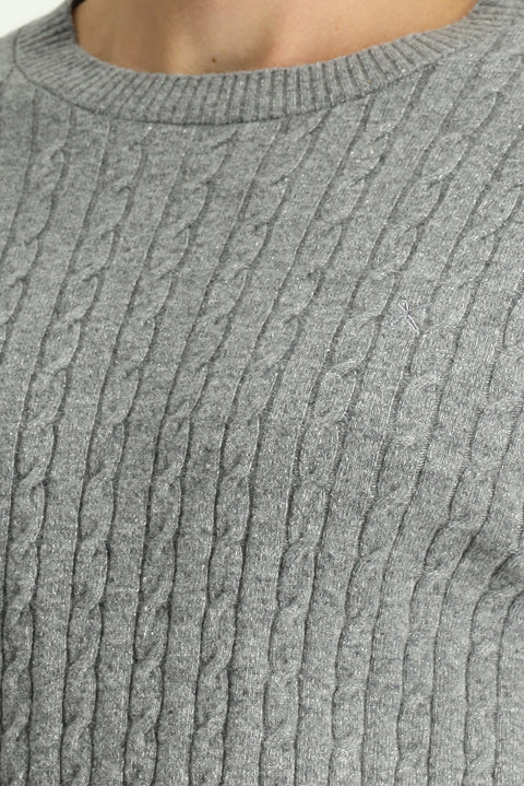 Medium Grey Melange Crew Neck Regular Fit Patterned Wool Knit Sweater