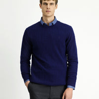 Dark Navy Crew Neck Regular Fit Patterned Wool Knit Sweater