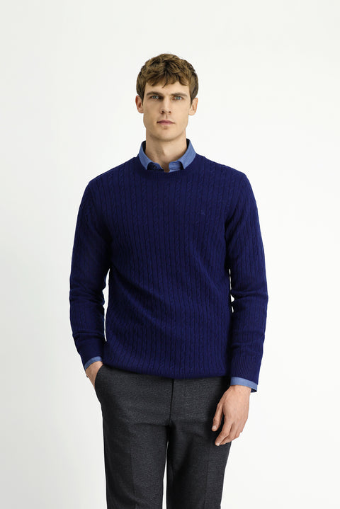 Dark Navy Crew Neck Regular Fit Patterned Wool Knit Sweater