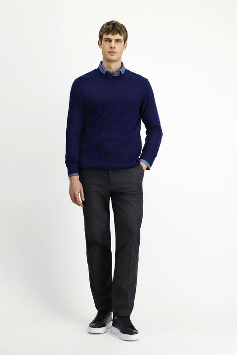 Dark Navy Crew Neck Regular Fit Patterned Wool Knit Sweater