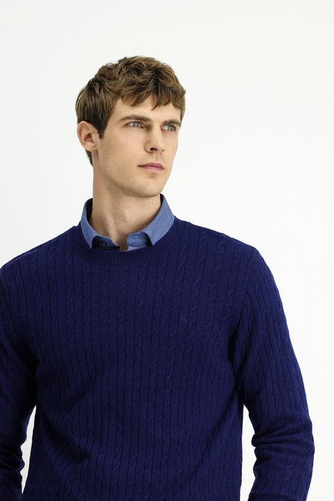 Dark Navy Crew Neck Regular Fit Patterned Wool Knit Sweater