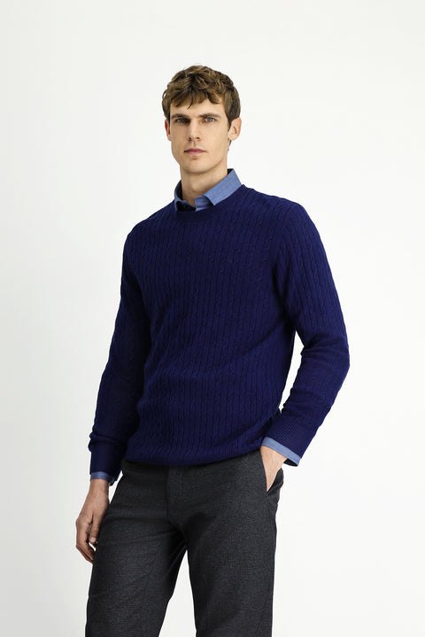 Dark Navy Crew Neck Regular Fit Patterned Wool Knit Sweater