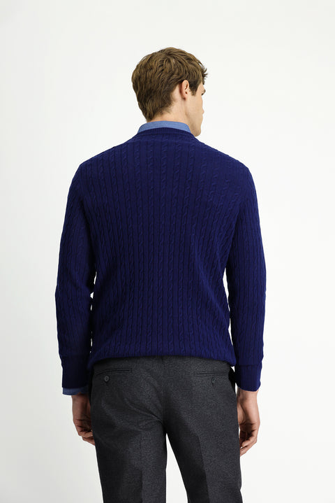 Dark Navy Crew Neck Regular Fit Patterned Wool Knit Sweater