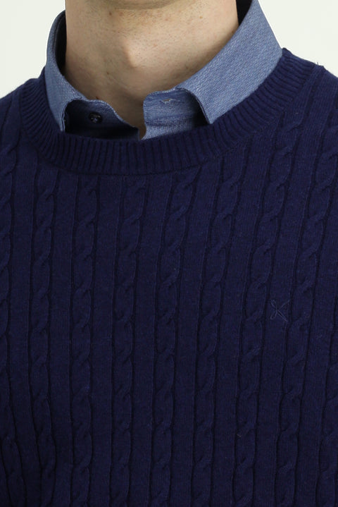 Dark Navy Crew Neck Regular Fit Patterned Wool Knit Sweater