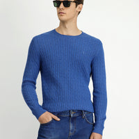 Indigo Melange Crew Neck Regular Fit Patterned Wool Knit Sweater
