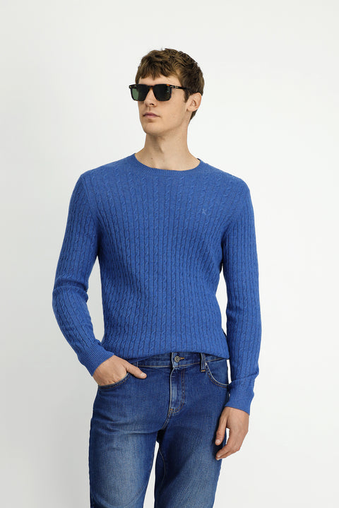 Indigo Melange Crew Neck Regular Fit Patterned Wool Knit Sweater