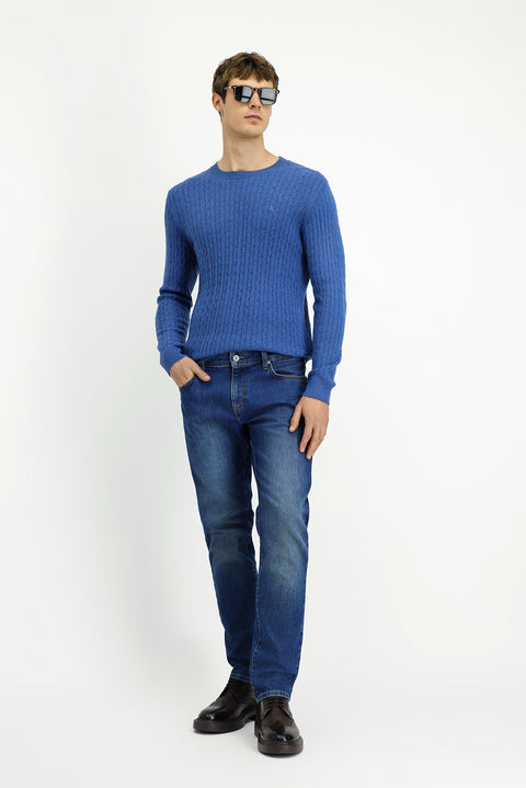 Indigo Melange Crew Neck Regular Fit Patterned Wool Knit Sweater
