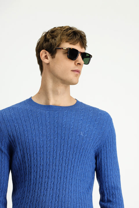 Indigo Melange Crew Neck Regular Fit Patterned Wool Knit Sweater