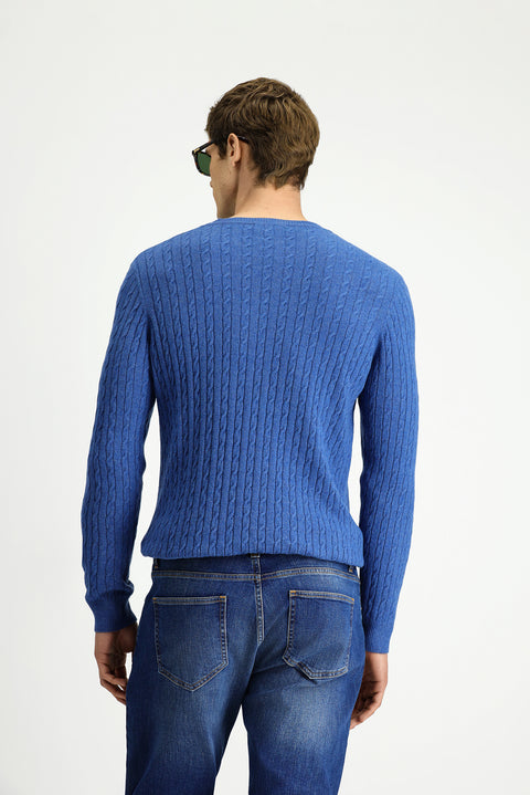 Indigo Melange Crew Neck Regular Fit Patterned Wool Knit Sweater