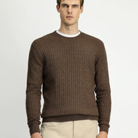 Medium Brown Crew Neck Regular Fit Patterned Wool Knit Sweater