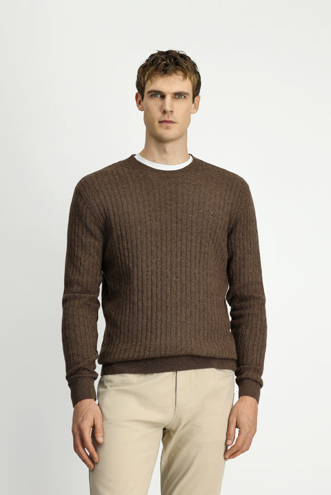 Medium Brown Crew Neck Regular Fit Patterned Wool Knit Sweater