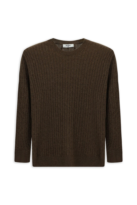 Medium Brown Crew Neck Regular Fit Patterned Wool Knit Sweater