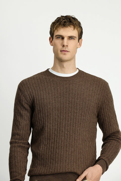 Medium Brown Crew Neck Regular Fit Patterned Wool Knit Sweater