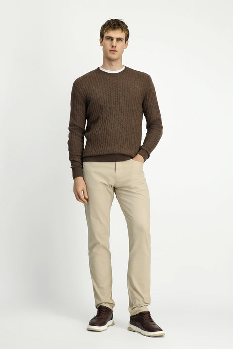 Medium Brown Crew Neck Regular Fit Patterned Wool Knit Sweater