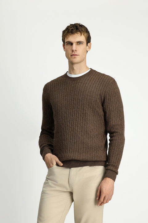 Medium Brown Crew Neck Regular Fit Patterned Wool Knit Sweater