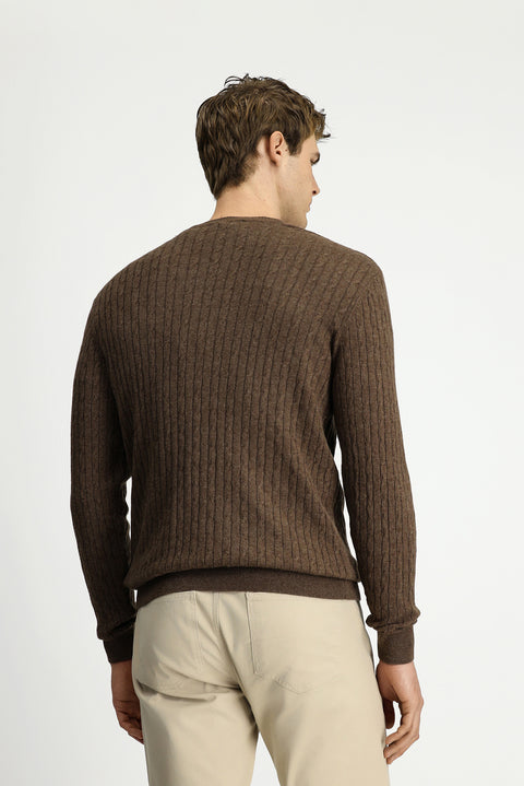 Medium Brown Crew Neck Regular Fit Patterned Wool Knit Sweater