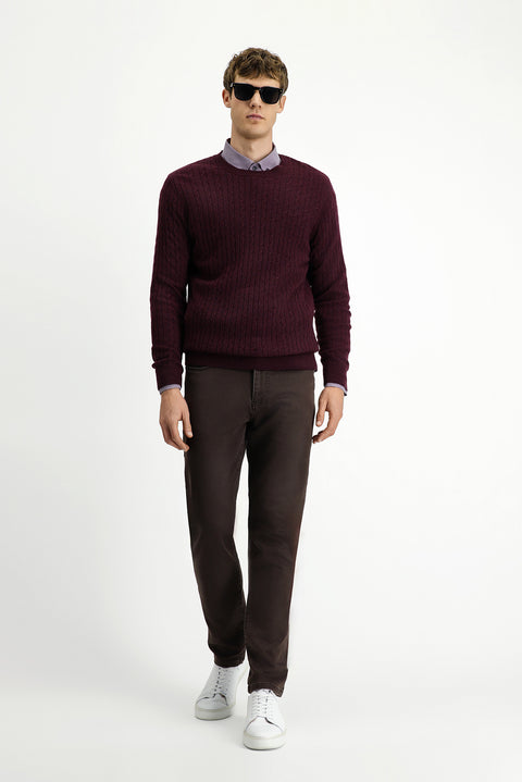 Dark Burgundy Crew Neck Regular Fit Patterned Wool Knit Sweater