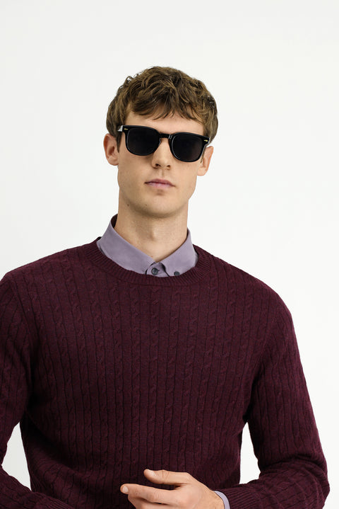 Dark Burgundy Crew Neck Regular Fit Patterned Wool Knit Sweater