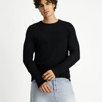 Black Crew Neck Regular Fit Knitted Wool Cashmere Blend Sweater