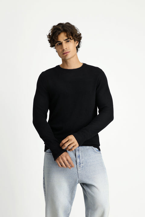 Black Crew Neck Regular Fit Knitted Wool Cashmere Blend Sweater