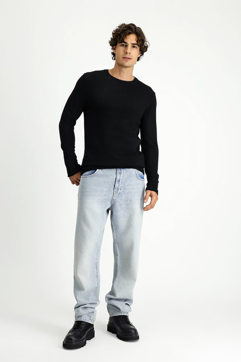 Black Crew Neck Regular Fit Knitted Wool Cashmere Blend Sweater