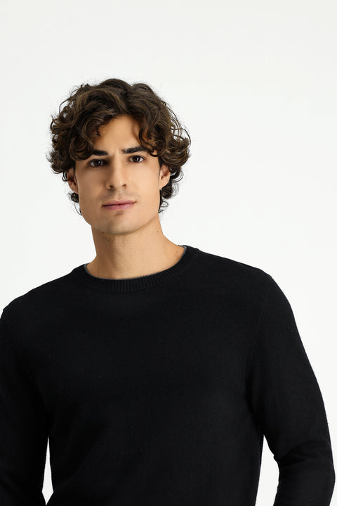 Black Crew Neck Regular Fit Knitted Wool Cashmere Blend Sweater